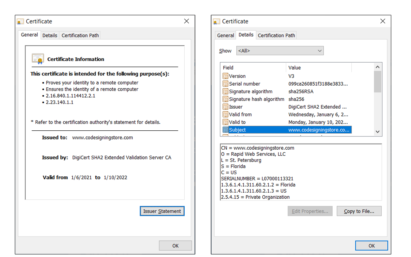 A screenshot of Certificate owner and issuer tabs