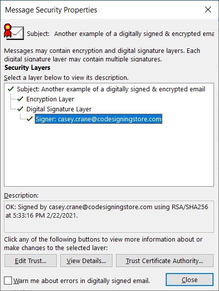 A screenshot of the message that recipients see when sent a digitally signed and encrypted email