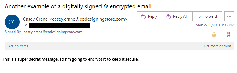 This email screenshot showcases the email’s digital signature badge and encryption padlock