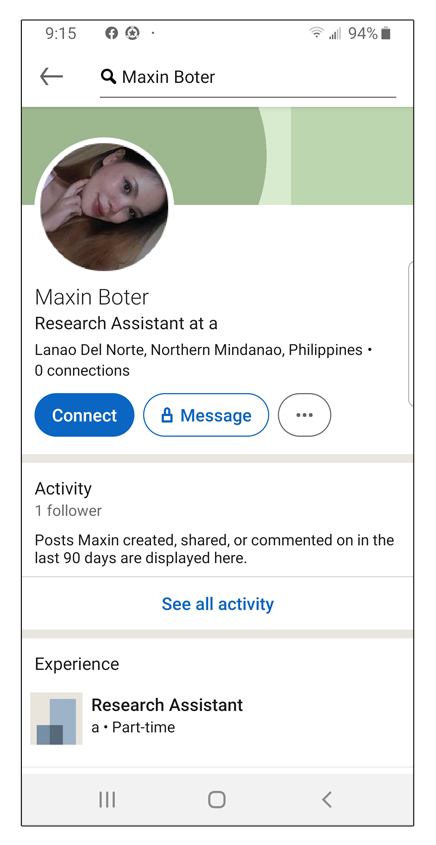 Screenshot of a fake LinkedIn profile