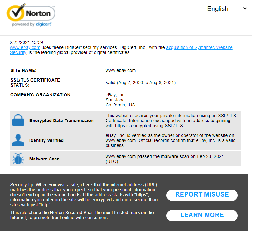 A screenshot of Norton trust badge information for the website eBay.com