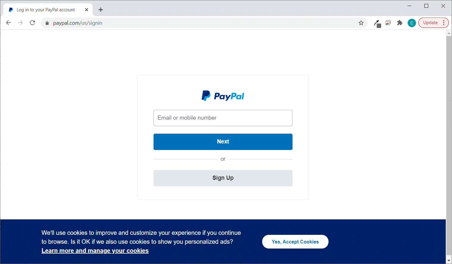 A screenshot of a fake PayPal login