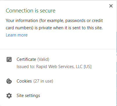 A screenshot of SSL digital identity info - Connection is secure