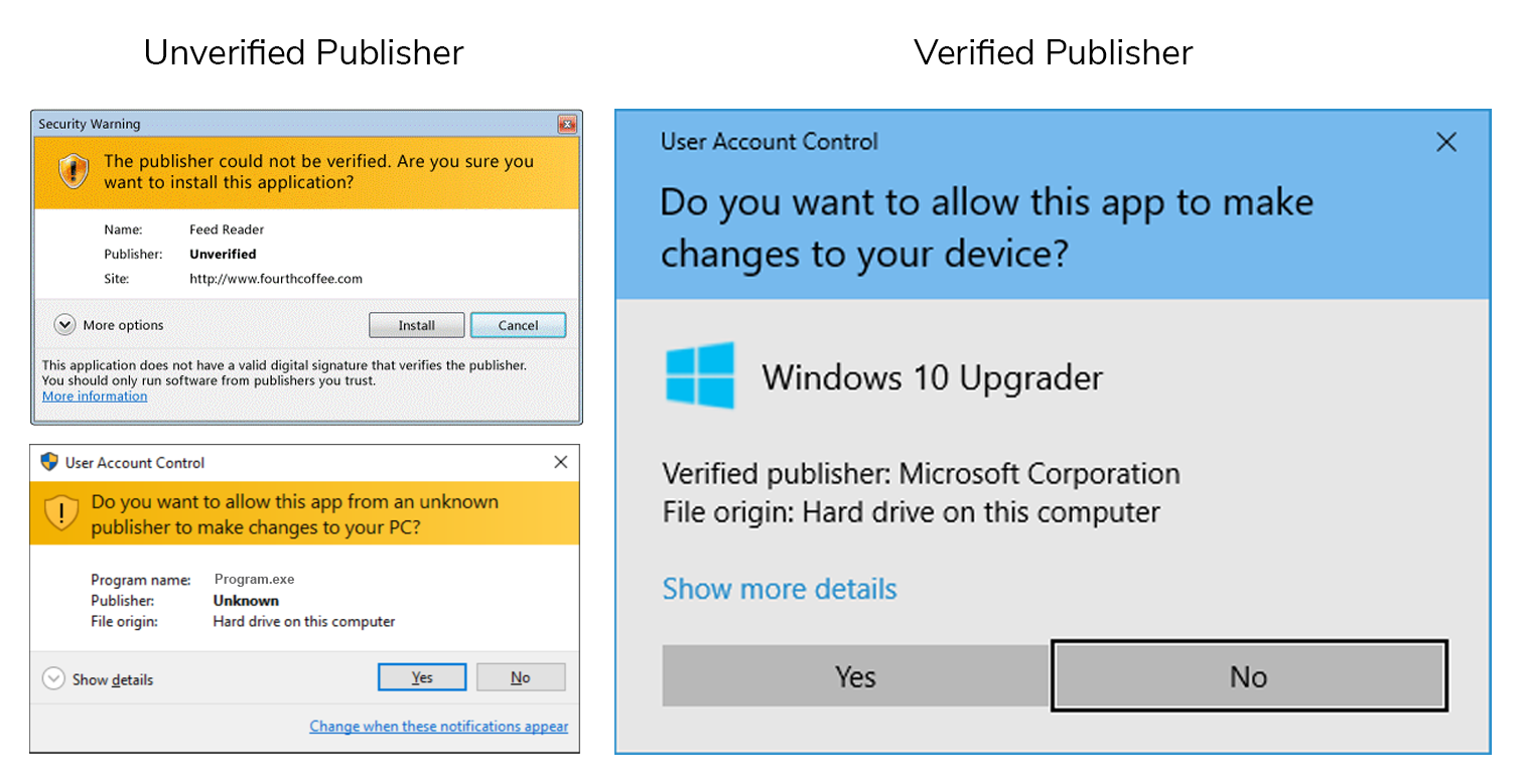 Screenshots of an example of verified and unverified publisher