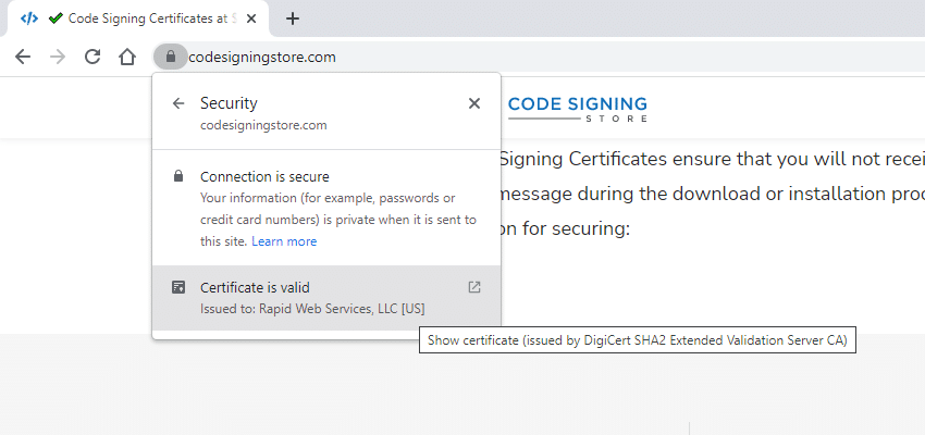 screenshot from codesigningstore that shows