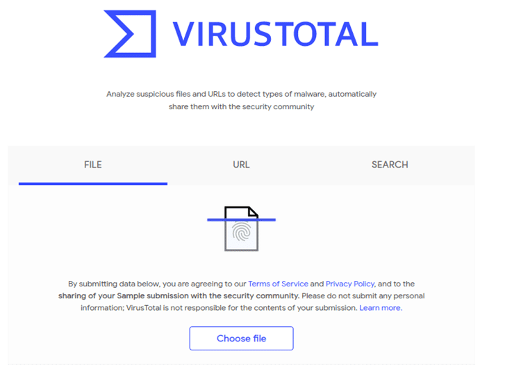 screenshot of virustotal website file option