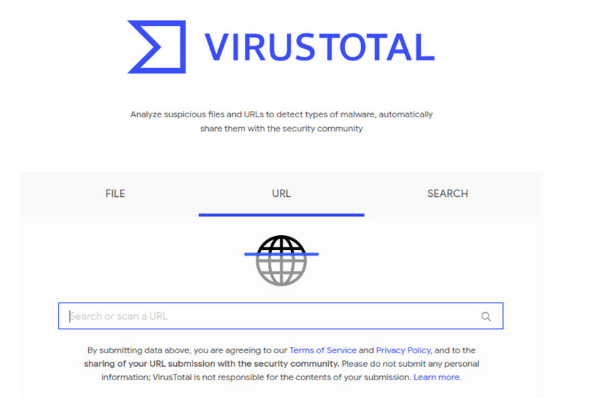 screenshot of virustotal website url option