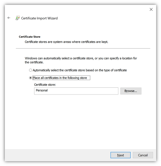 certificate import wizard certificate store window