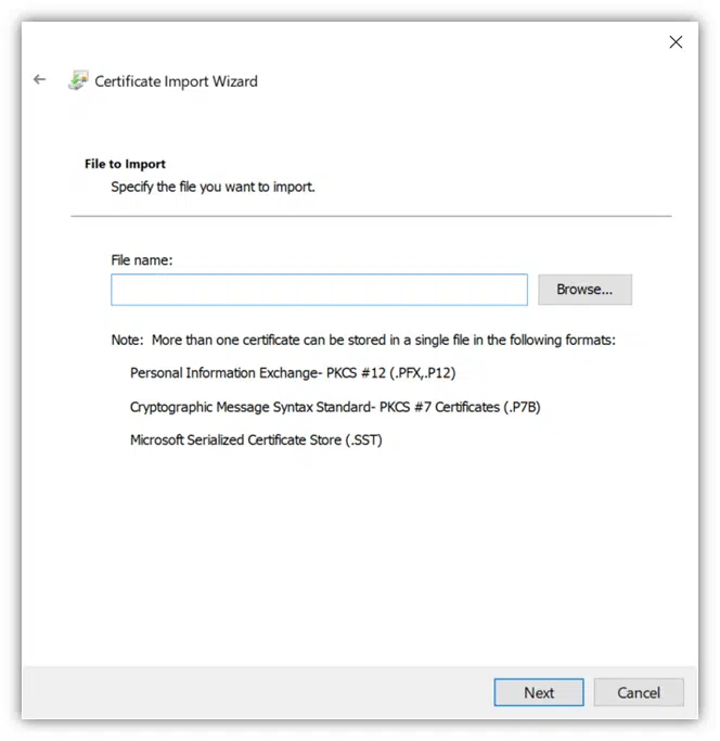 certificate import wizard file to import