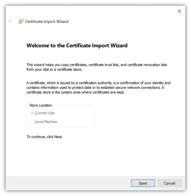 certificate import wizard window