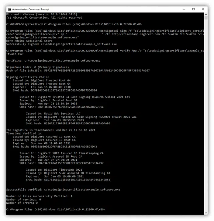 certificate signing and timestamping data