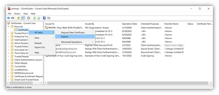 certmgr certificates all tasks import option