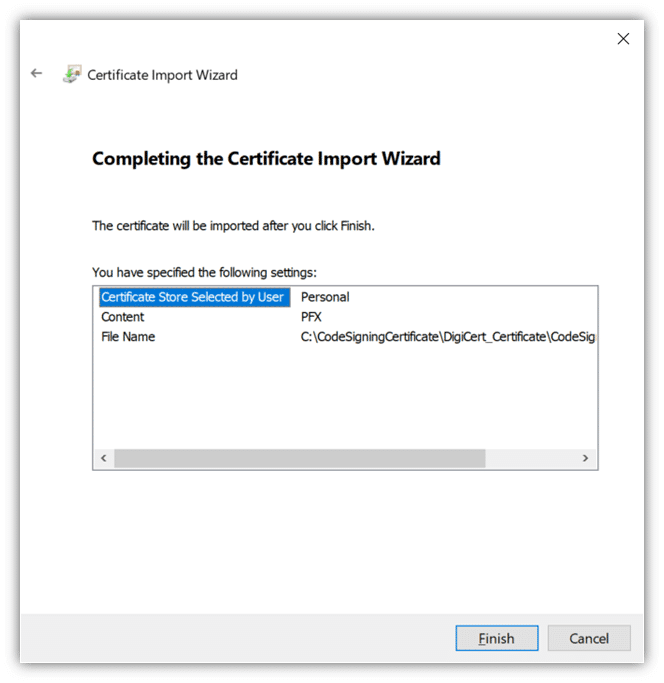 completing certificate import wizard window