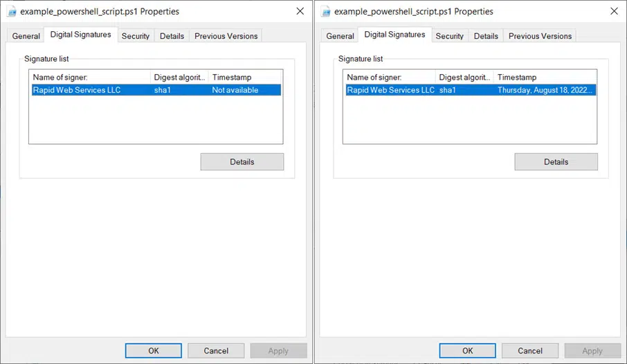 difference between signed script without timestamping