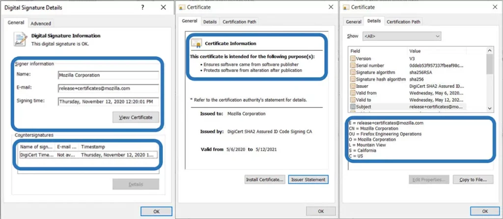Example of a code signing certificate digital signature and timestamping-related information.