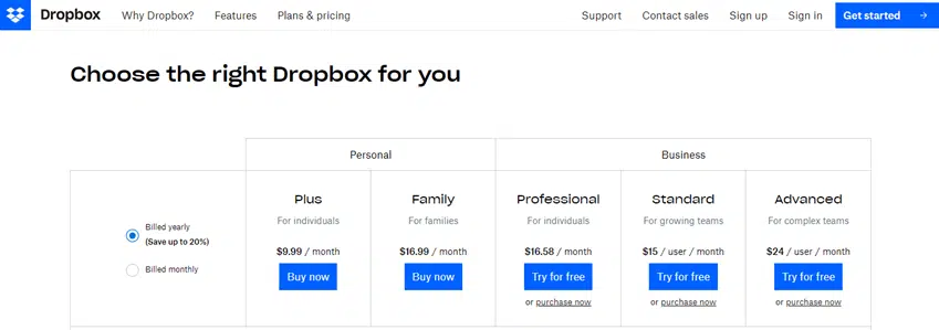 dropbox plans and pricing