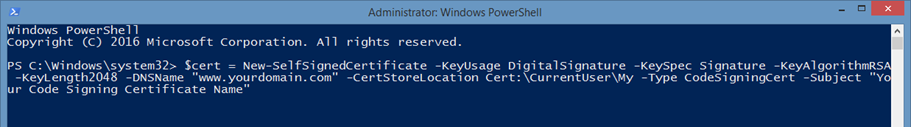 powershell command to create self signed certificate