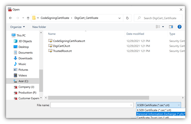 select pfx file