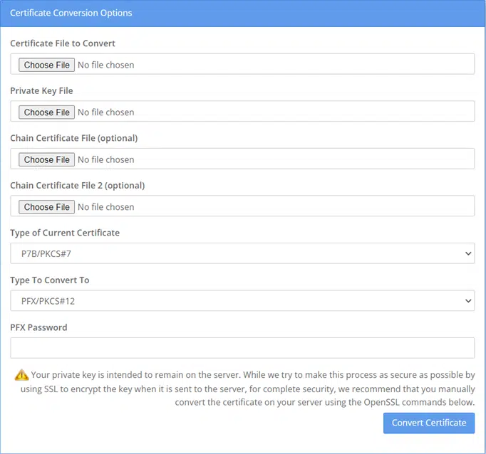 set of certificate conversion options