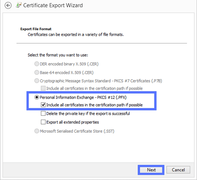 how to select the pfx file format