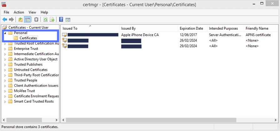 personal certificates folder