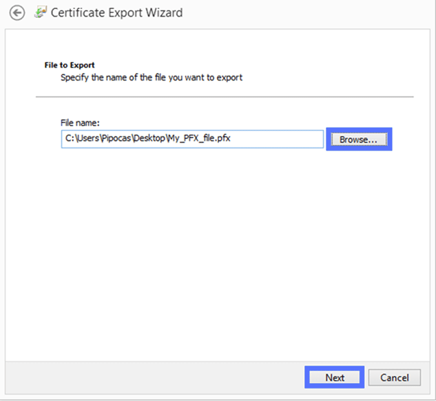select the location where to save your PFX certificate