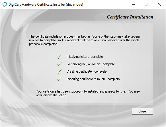 certificate installation window