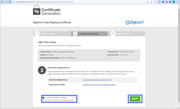 enable option ready to install certificate