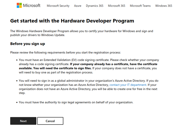 windows hardware developer program page