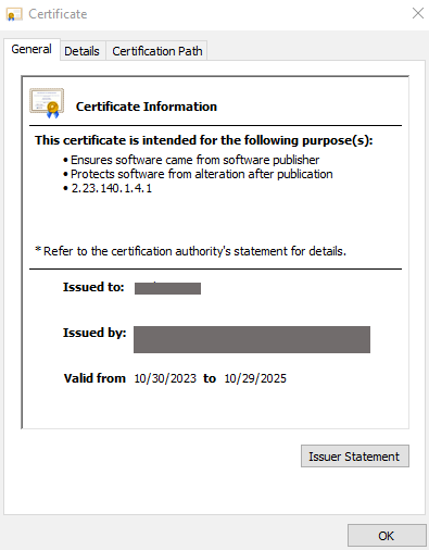 ClickOnce signing tutorial screenshot: This graphic shows the digital signature certificate's details