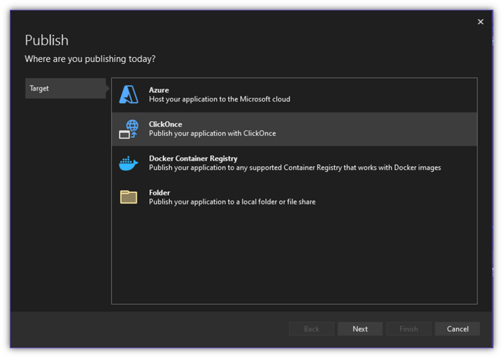 A screenshot of Visual Studio's Publish wizard tool. You can use a clickonce signing certificate in Visual Studio to add a digital signature to your deployment components.