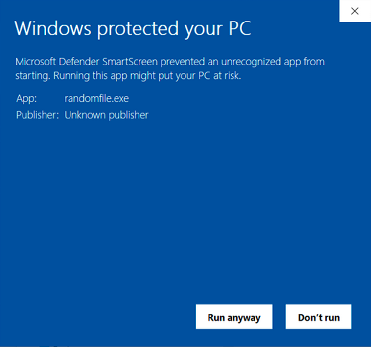 A illustration of the Microsoft Defender SmartScreen warning message for software from an unknown publisher