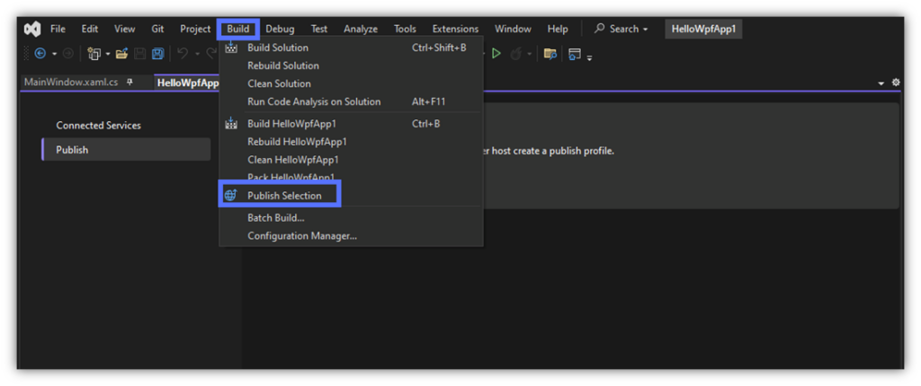 ClickOnce signing tutorial screenshot: This graphic shows where to find the Publish Selection option in the Visual Studio Build menu.