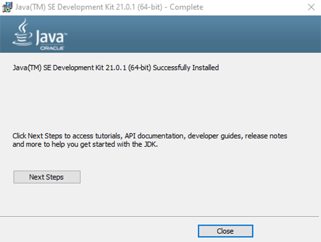 A screenshot of the Java JDK installation wizard's completion page.