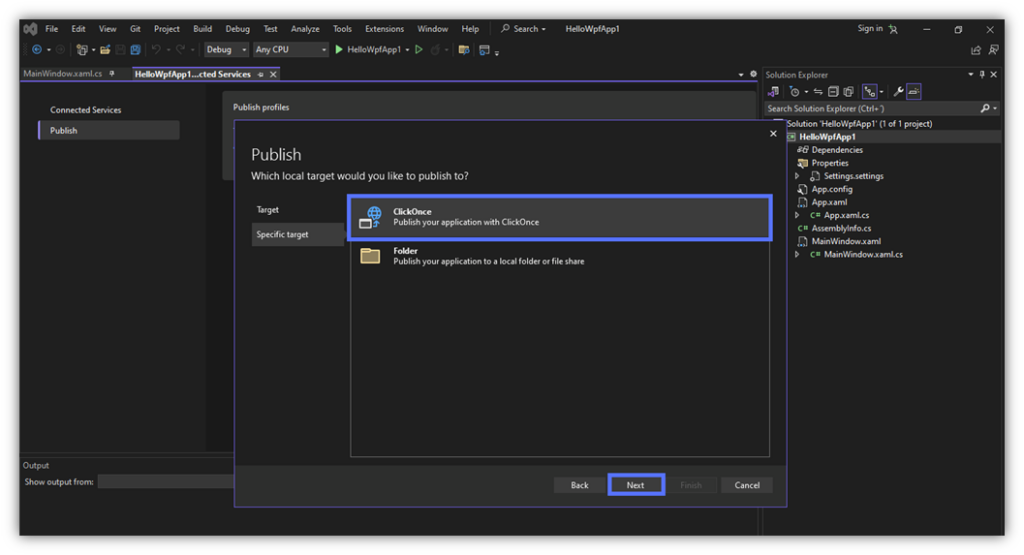 ClickOnce signing tutorial screenshot: This graphic illustrates how to select the clickonce option for publishing in Visual Studio