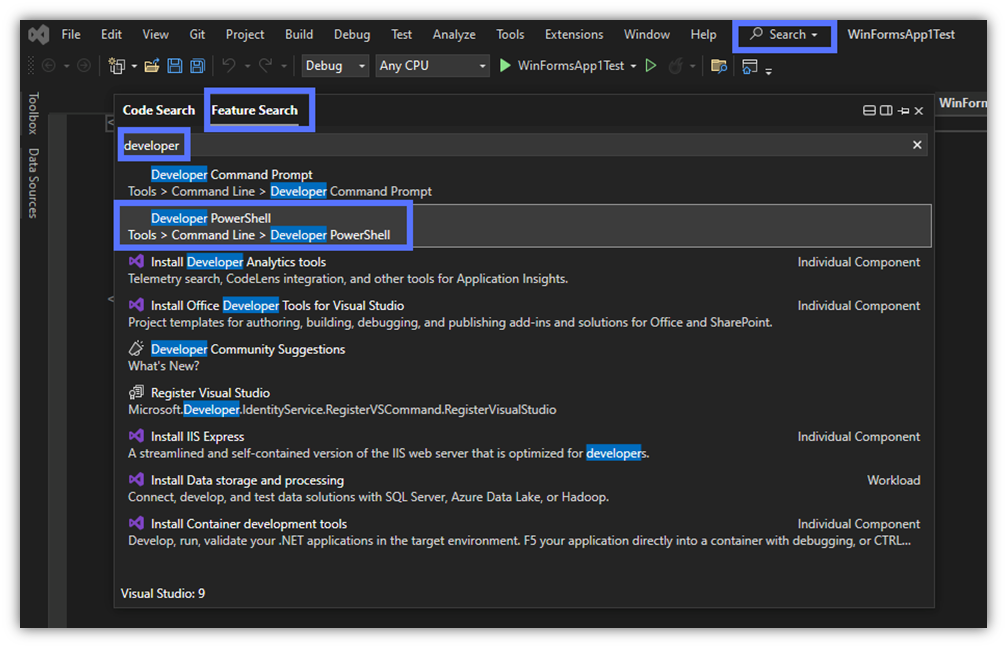Code siging in visual studio graphic: A visual walk-through of how to find the PowerShell terminal in Visual Studio