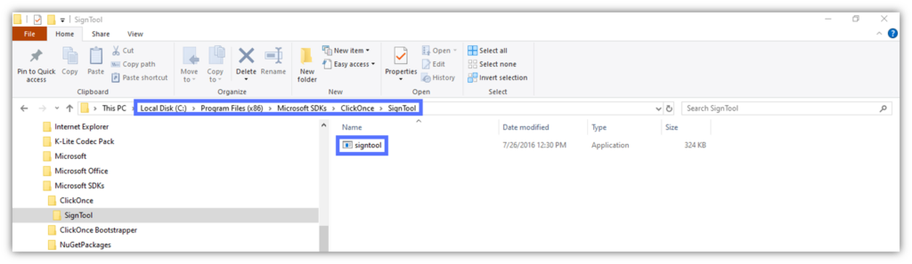 A screenshot of where to find SignTool when it's installed in Visual Studio
