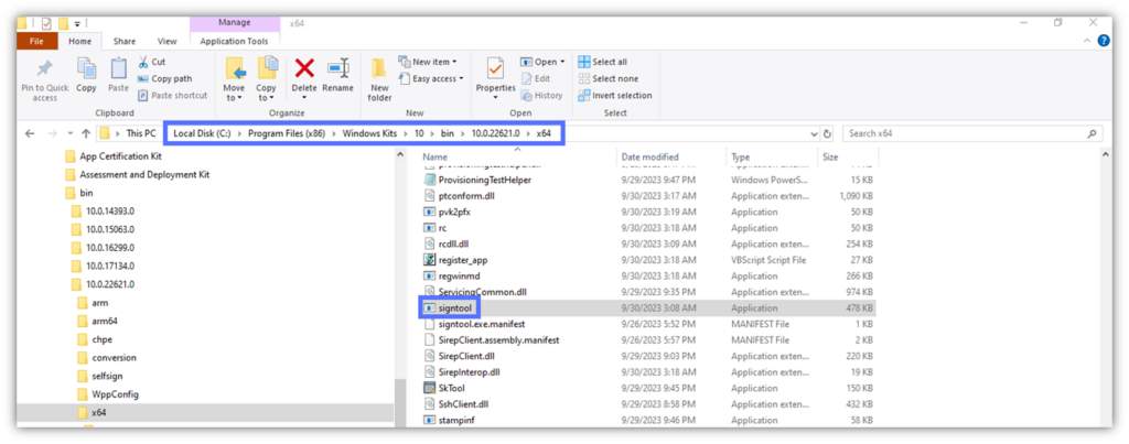 A screenshot of an example that shows where to find SignTool on a Windows machine that has Windows SDK installed