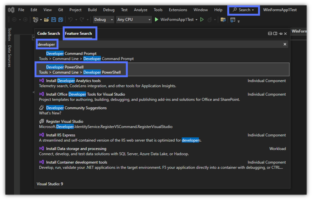 A screenshot showing how to open the Deeloper PowerShell in Visual Studio 2022