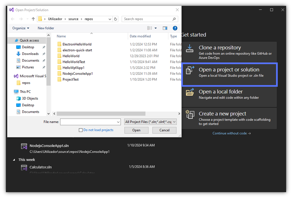 This screenshot shows how ot open a project or solution in Visual Studio