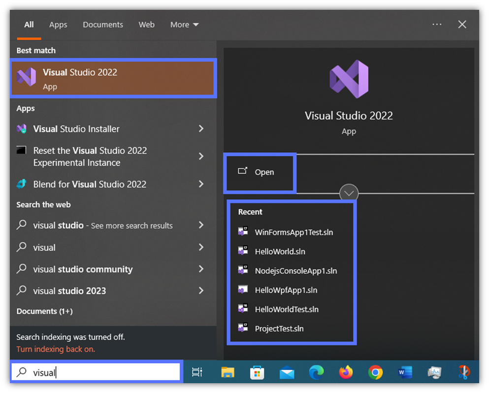 This screenshot shows how to open a recent project in Visual Studio