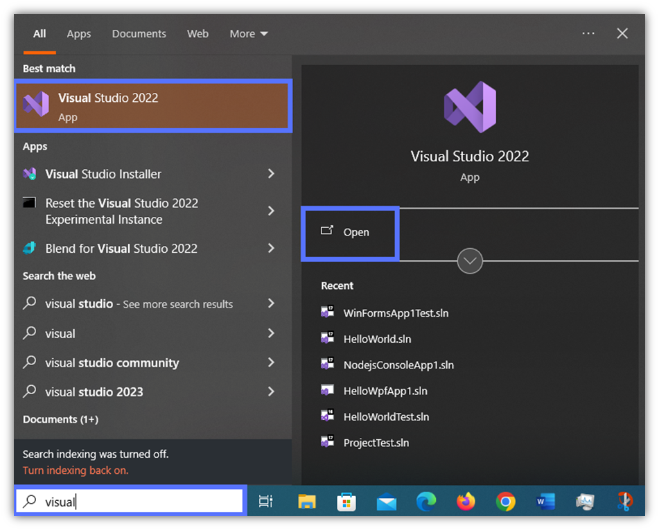 This screenshot shows how to open Visual Studio on a Windows 10 device