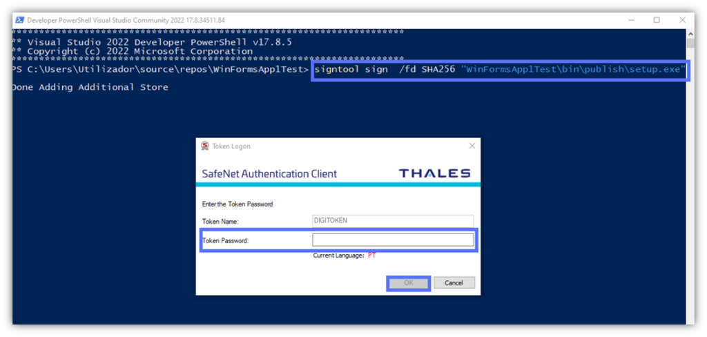 After entering your SignTool sign command in Visual Studio PowerShell, you'll be prompted ot enter your token authentication client password. In this example, we're using a DigiCert code signing certificate, which uses the SafeNet Authentication Client. 