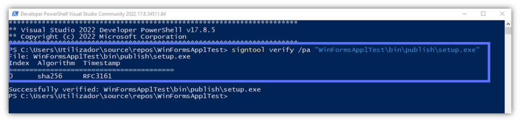 Digital signature verification example in Visual Studio 2022