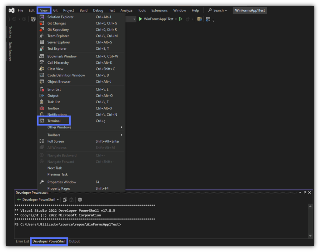 A screenshot of Visual Studio's Developer PowerShell embedded terminal