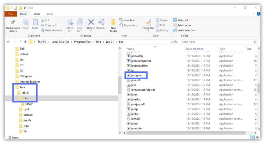 A screenshot showing the filepath where Jarsigner.exe is located on a Windows device that has JDK version 21 installed