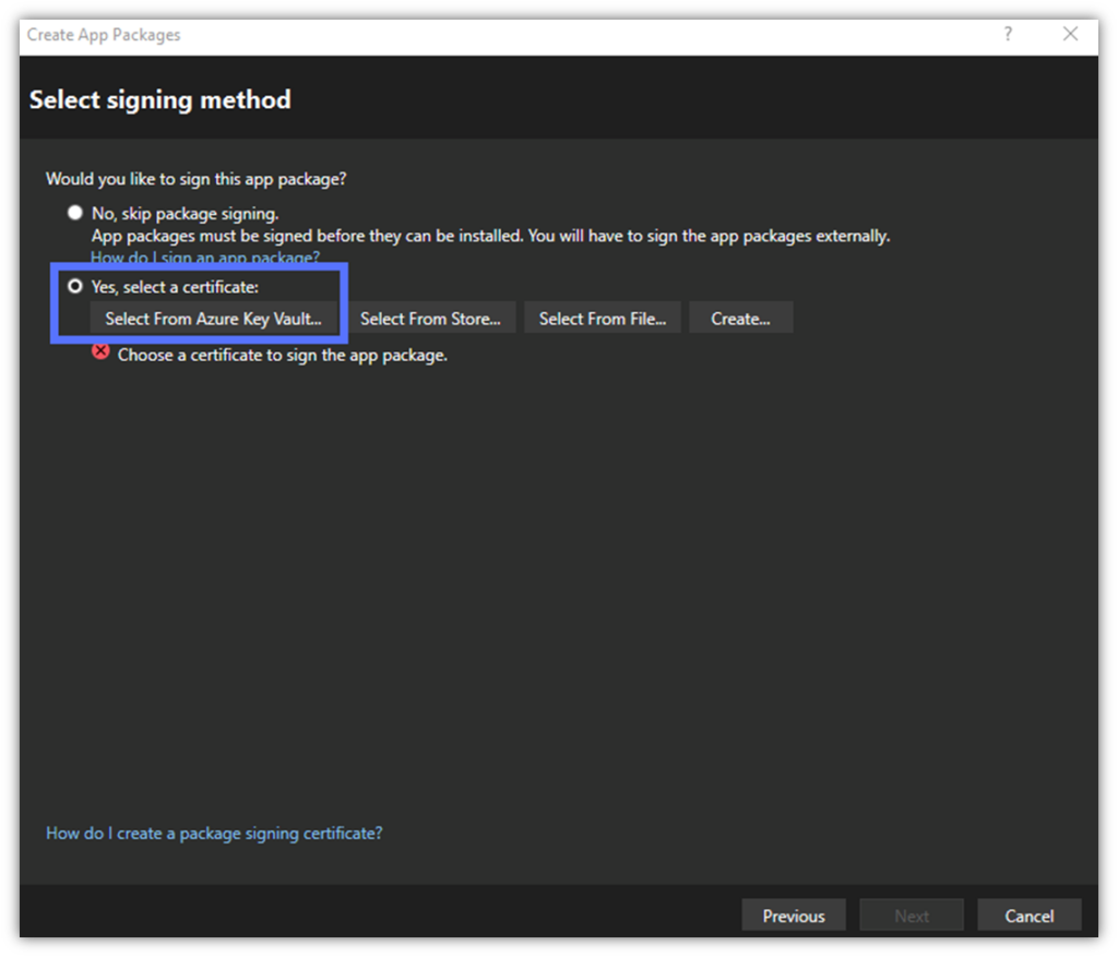 This screenshot shows where to select Azure Key Vault as your certificate storage source in Visual Studio when signing app packages