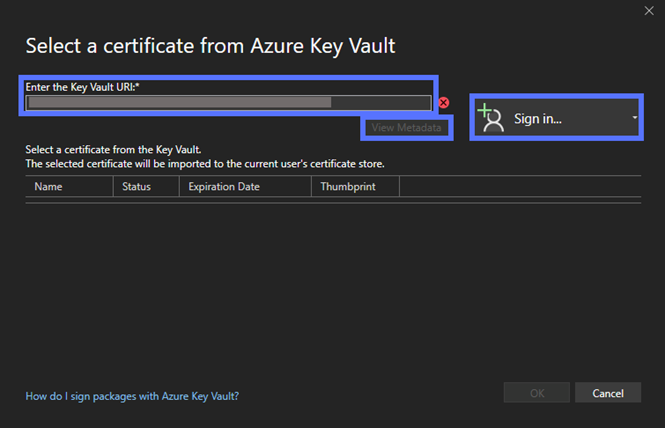 This screenshot shows how to select your Key Vault account using its URI. 