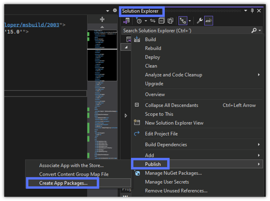 A screenshot showing where to select "create app packages" in Visual Studio, which is what you'll need to do beforeyou can carry out azure key vault code signing in Visual Studio.
