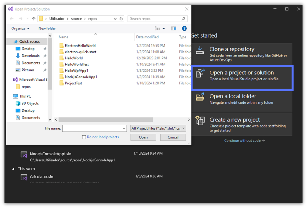 A demonstrative screenshot that shows how to oepn a project or solution in Visual Studio